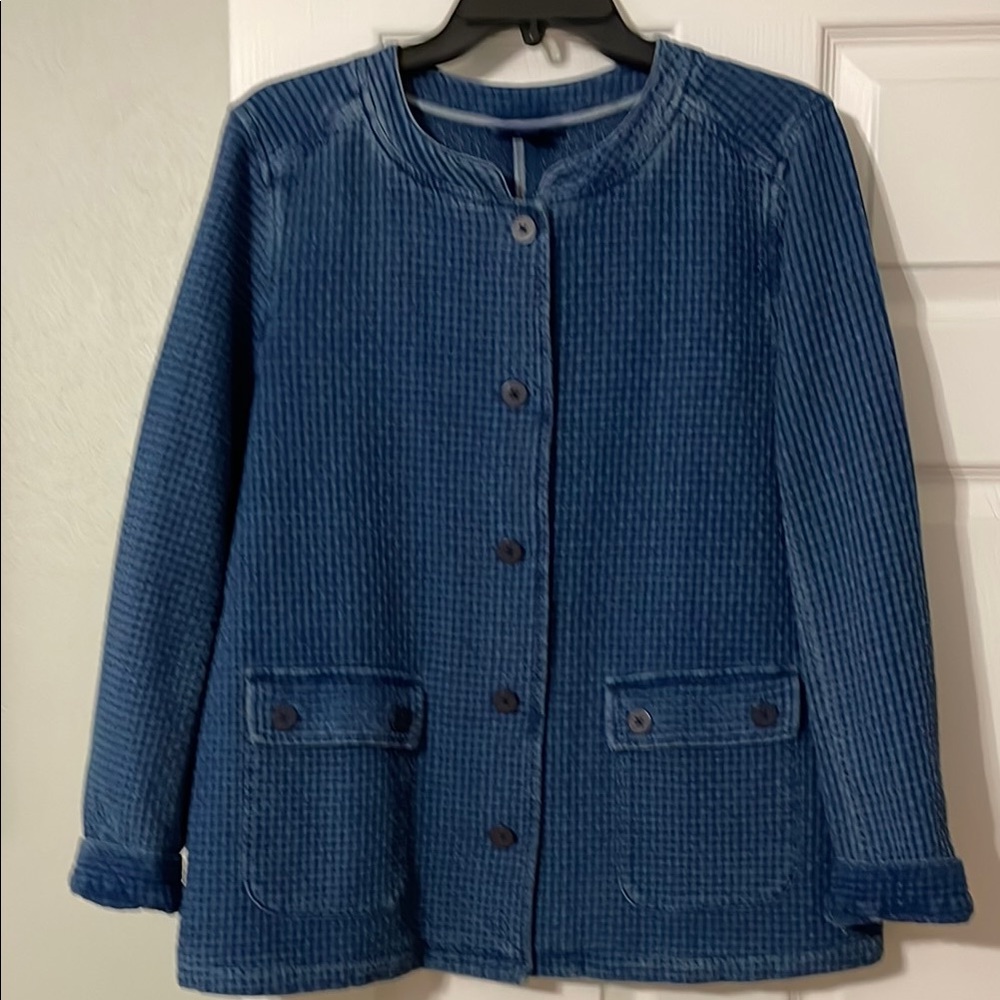 Purejill Índigo all cotton navy 5 button up weave look jacket w/patch pockets
